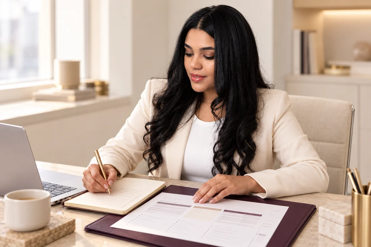 Keyla Acevedo reviewing paperwork and taking notes at a desk beside a laptop.