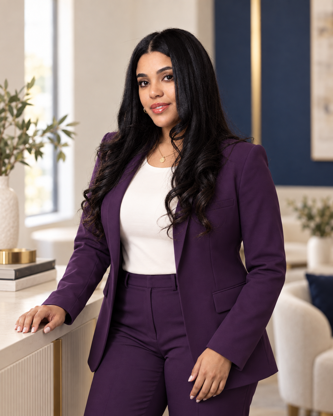 Keyla Acevedo, founder and CEO of Aleylin Solutions, in a purple suit