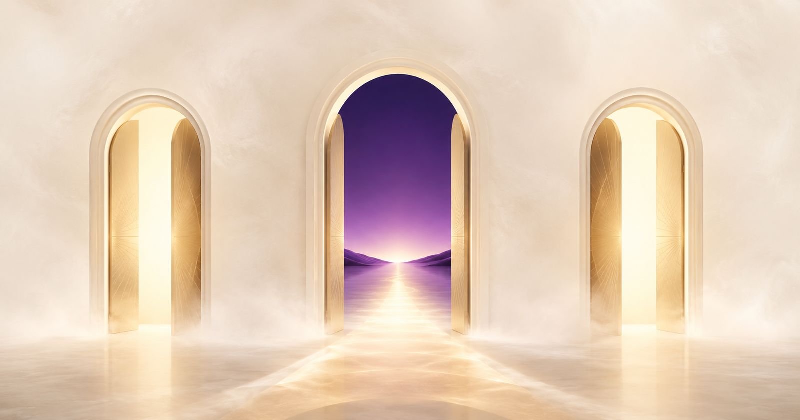 Three elegant doorways opening with golden light toward a purple horizon — a symbol of what an ITIN can open